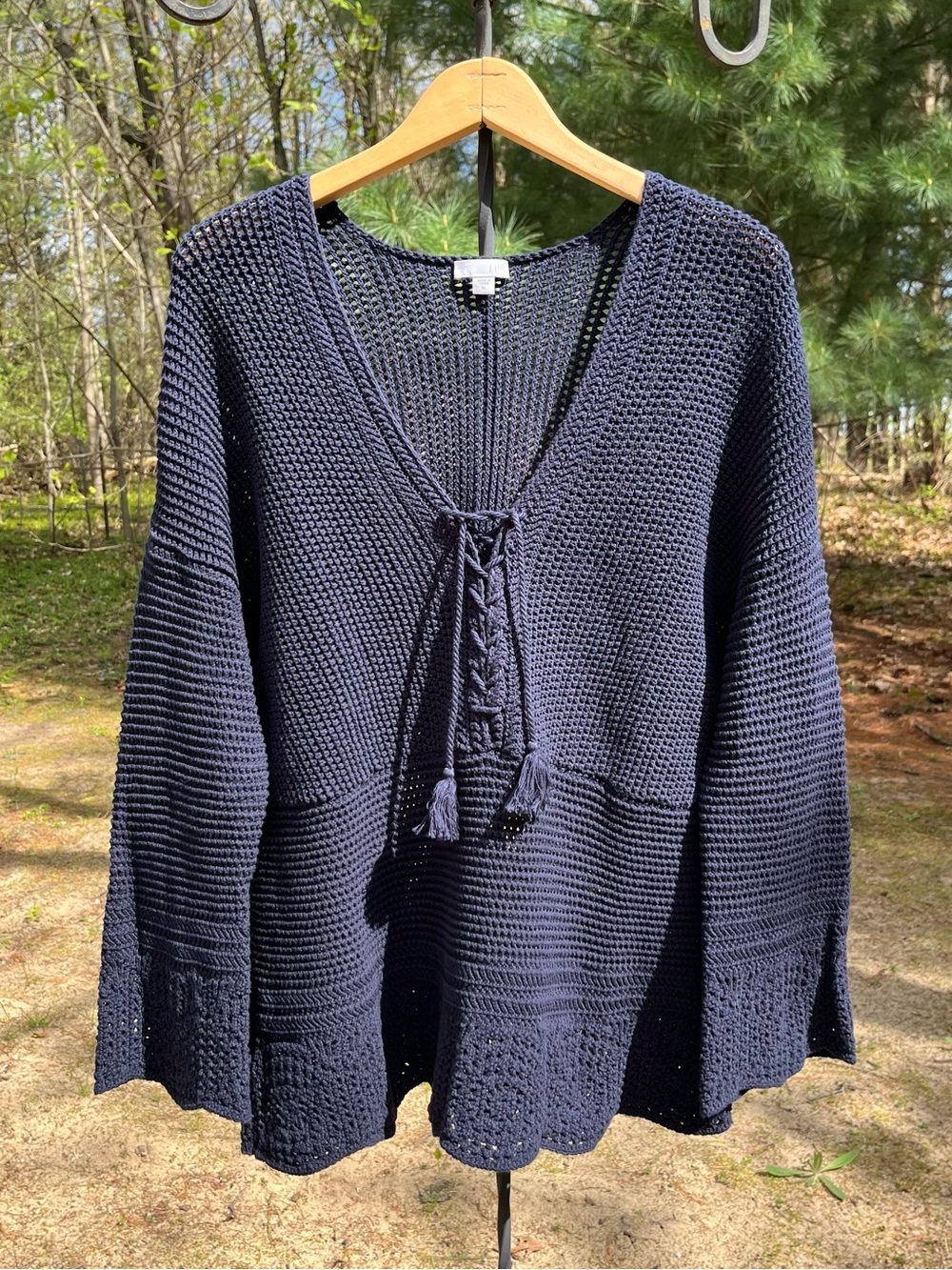 J. Jill Cotton Knit Navy Lace-Up Pullover Sweater Size XL Nautical Summer